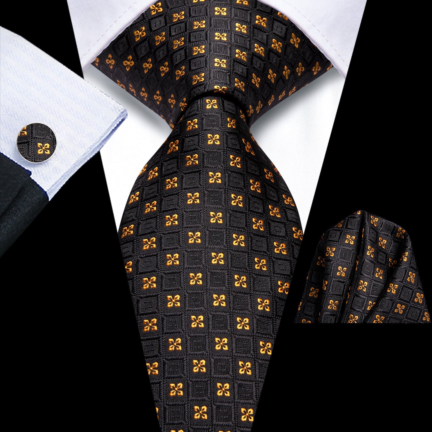 GentCrest Black Floral Tie Hanky Cufflinks Set - Image 1