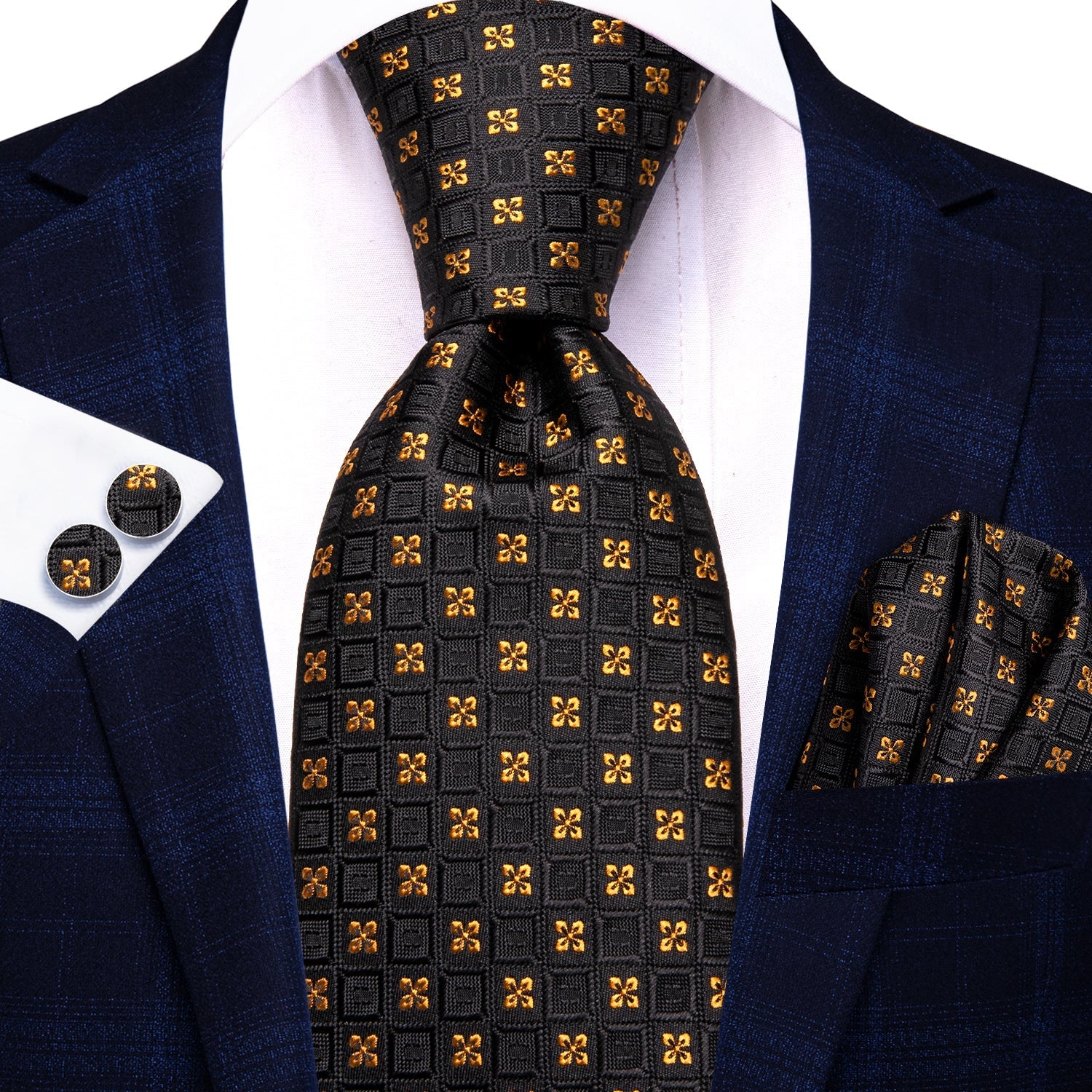 GentCrest Black Floral Tie Hanky Cufflinks Set - Image 2