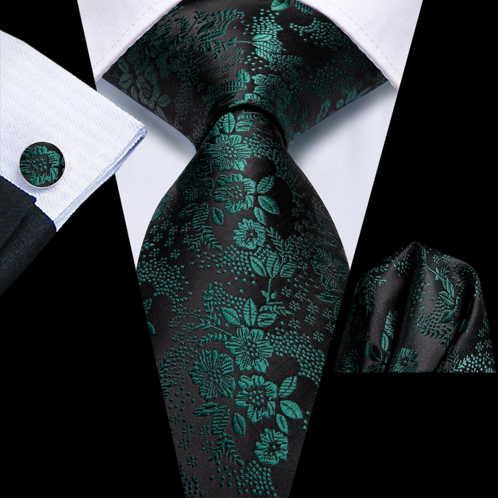 GentCrest Black Floral Tie Hanky Cufflinks Set - Image 1