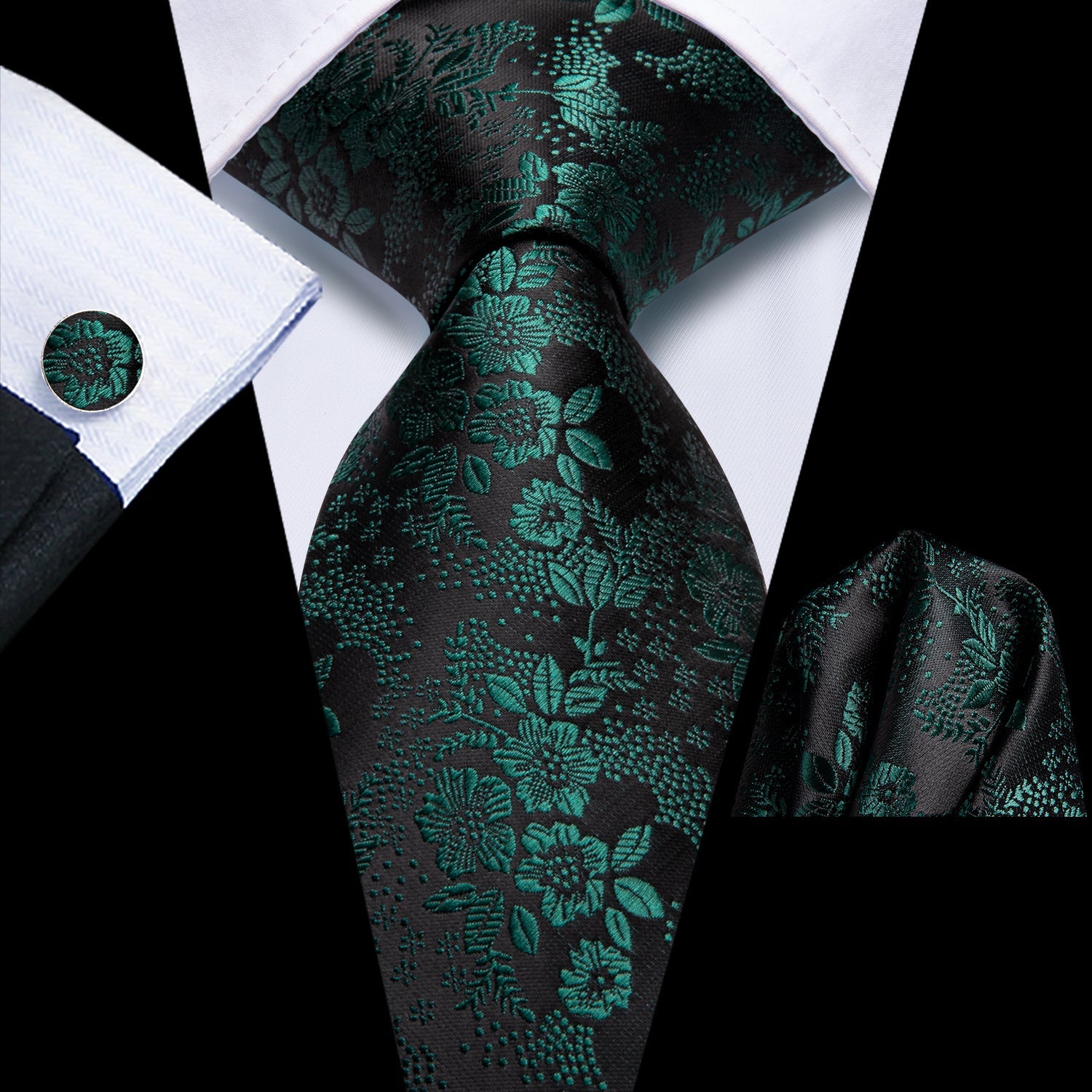 GentCrest Black Floral Tie Hanky Cufflinks Set - Image 1
