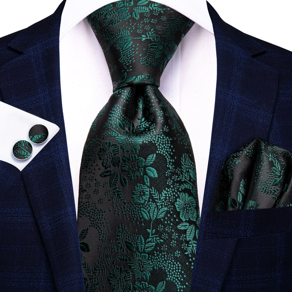 GentCrest Black Floral Tie Hanky Cufflinks Set - Image 2