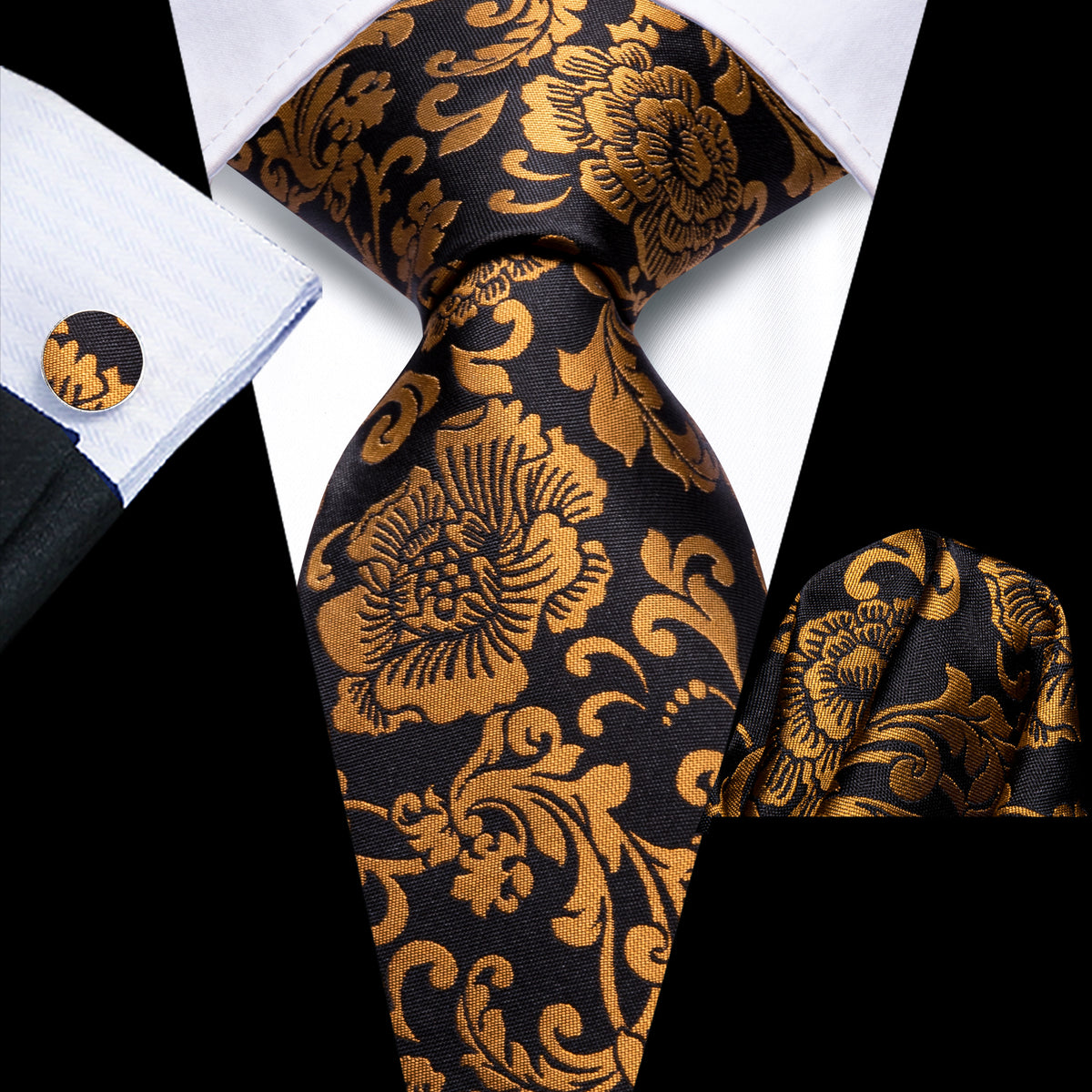 Black and Gold Floral with Pocket Square & Cufflinks Silk Tie Set - GentCrest - View 3