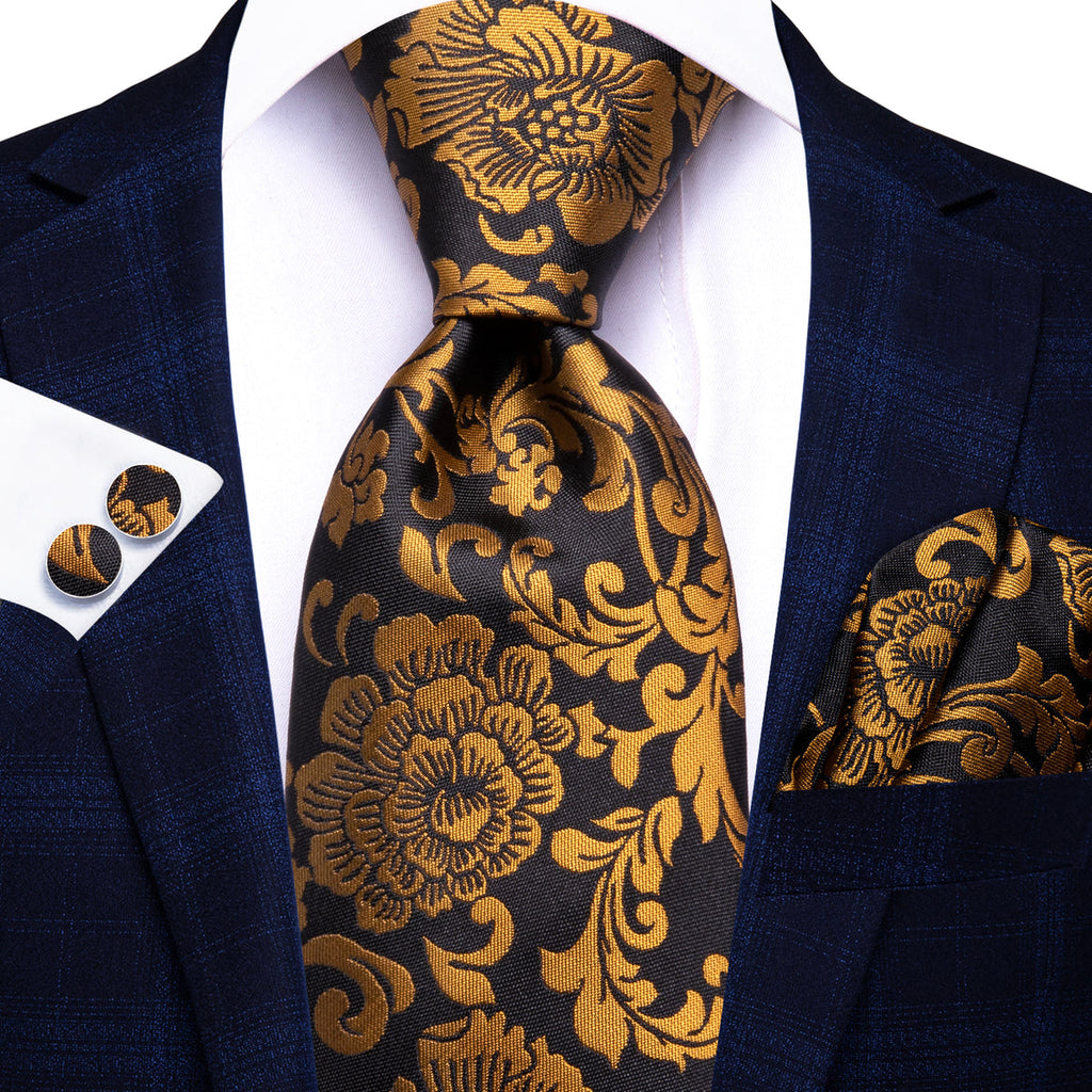 Black and Gold Floral with Pocket Square & Cufflinks Silk Tie Set - GentCrest