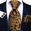 Black and Gold Floral with Pocket Square & Cufflinks Silk Tie Set - GentCrest