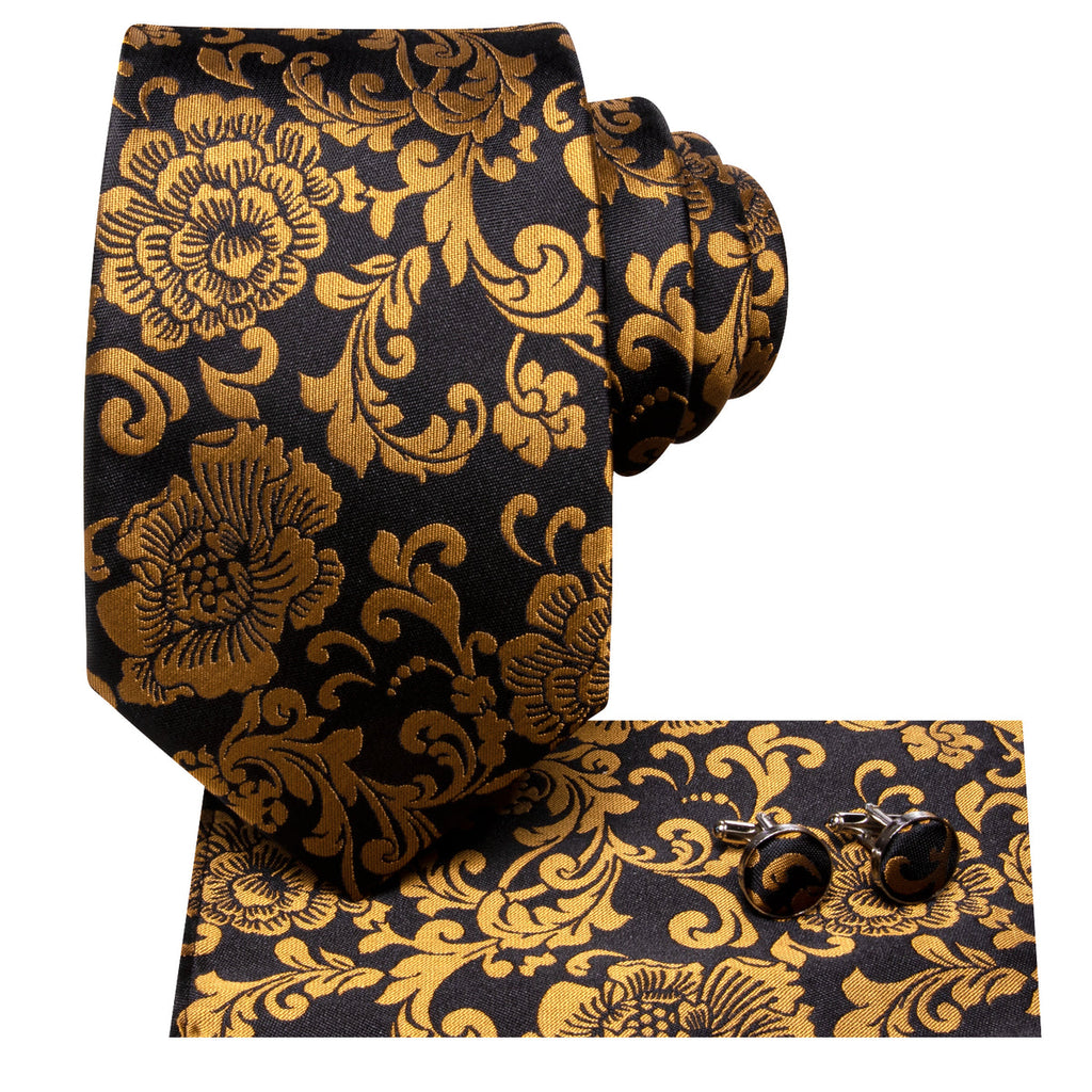 Black and Gold Floral with Pocket Square & Cufflinks Silk Tie Set - GentCrest - View 2