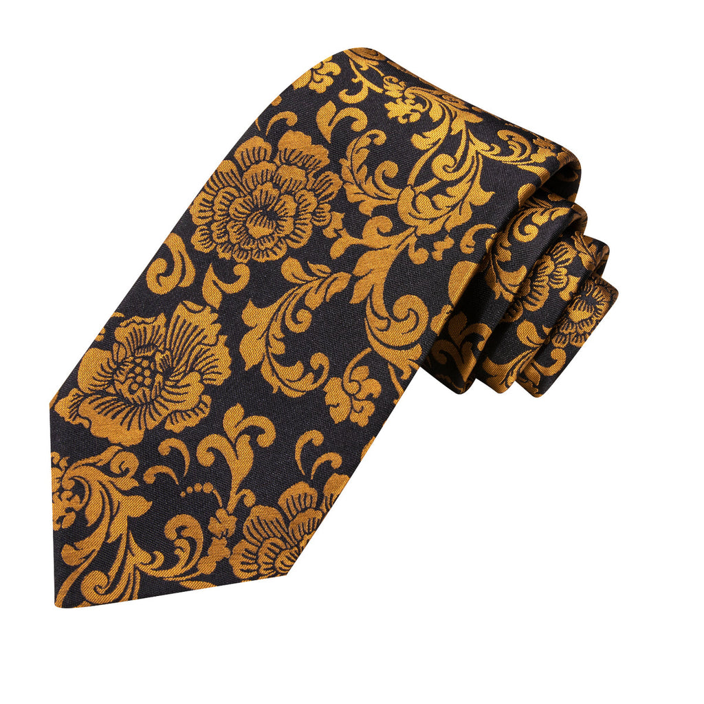 Black and Gold Floral with Pocket Square & Cufflinks Silk Tie Set - GentCrest - View 4