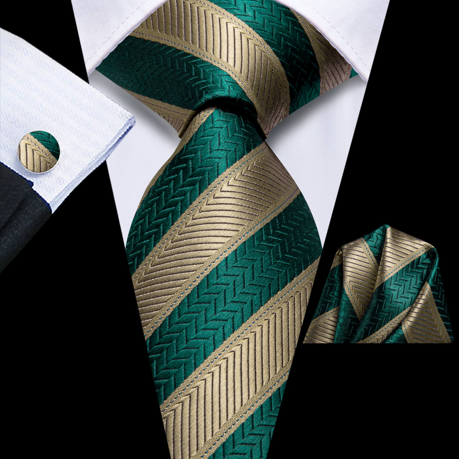 GentCrest Green Striped Tie Hanky Cufflinks Set - Image 1