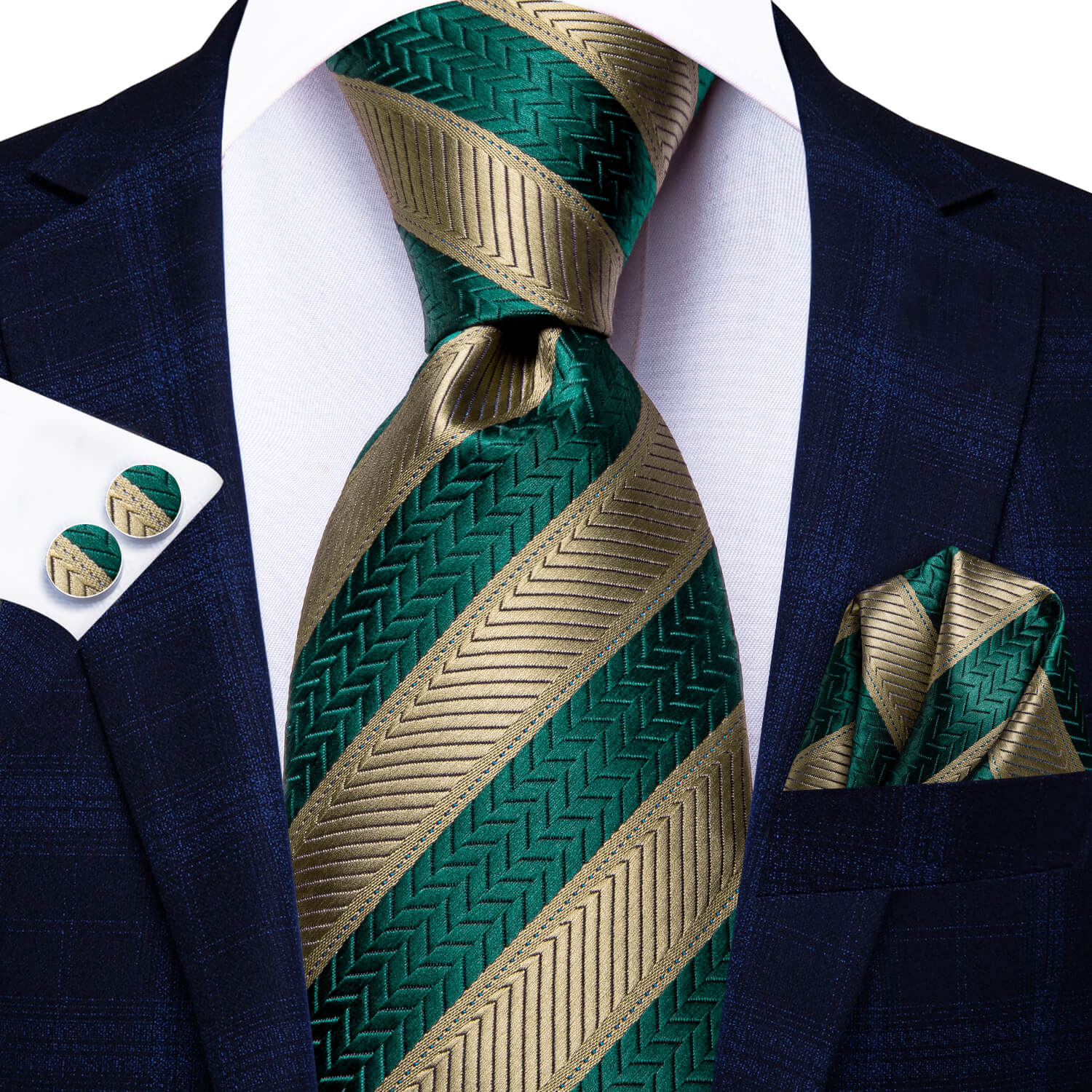 GentCrest Green Striped Tie Hanky Cufflinks Set - Image 2
