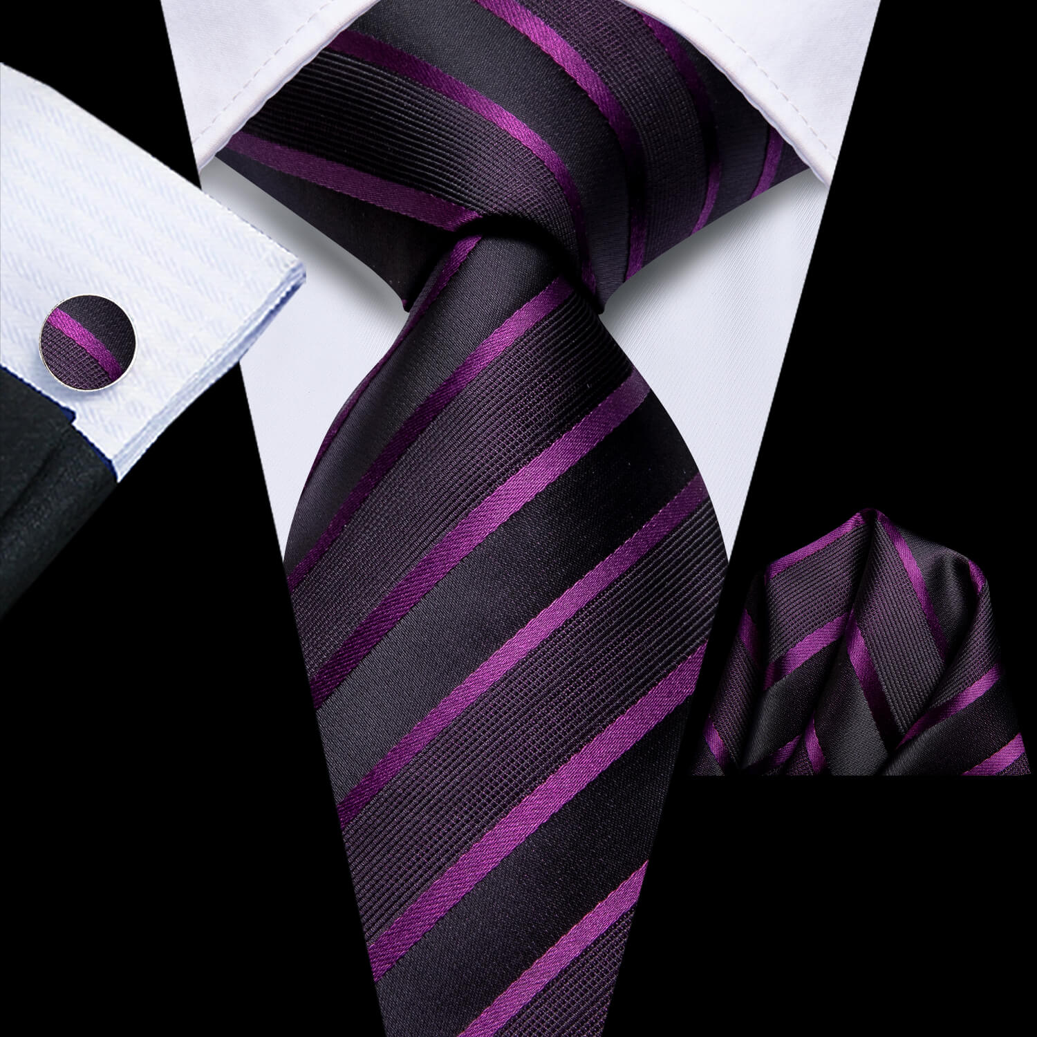 GentCrest Black Striped Tie Hanky Cufflinks Set - Image 1