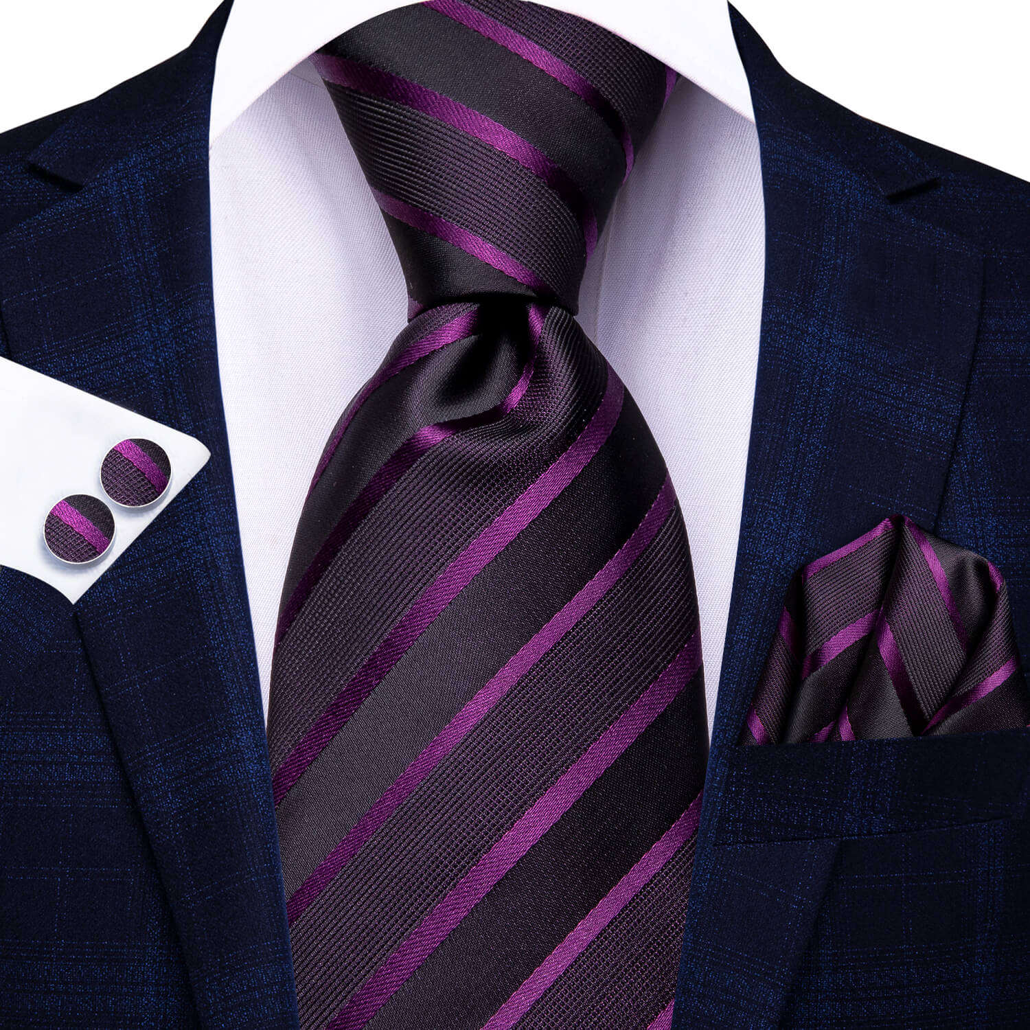 GentCrest Black Striped Tie Hanky Cufflinks Set - Image 2