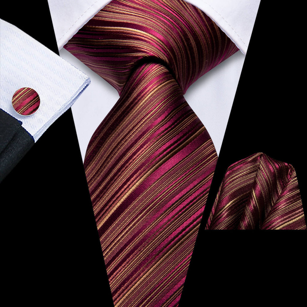 Burgundy and Gold Striped Silk Tie Set - GentCrest