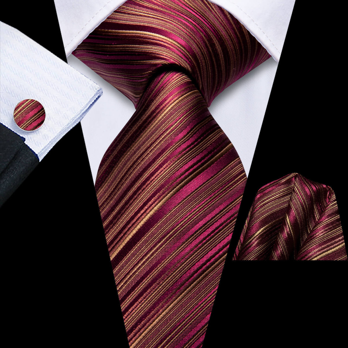 Burgundy and Gold Striped Silk Tie Set - GentCrest