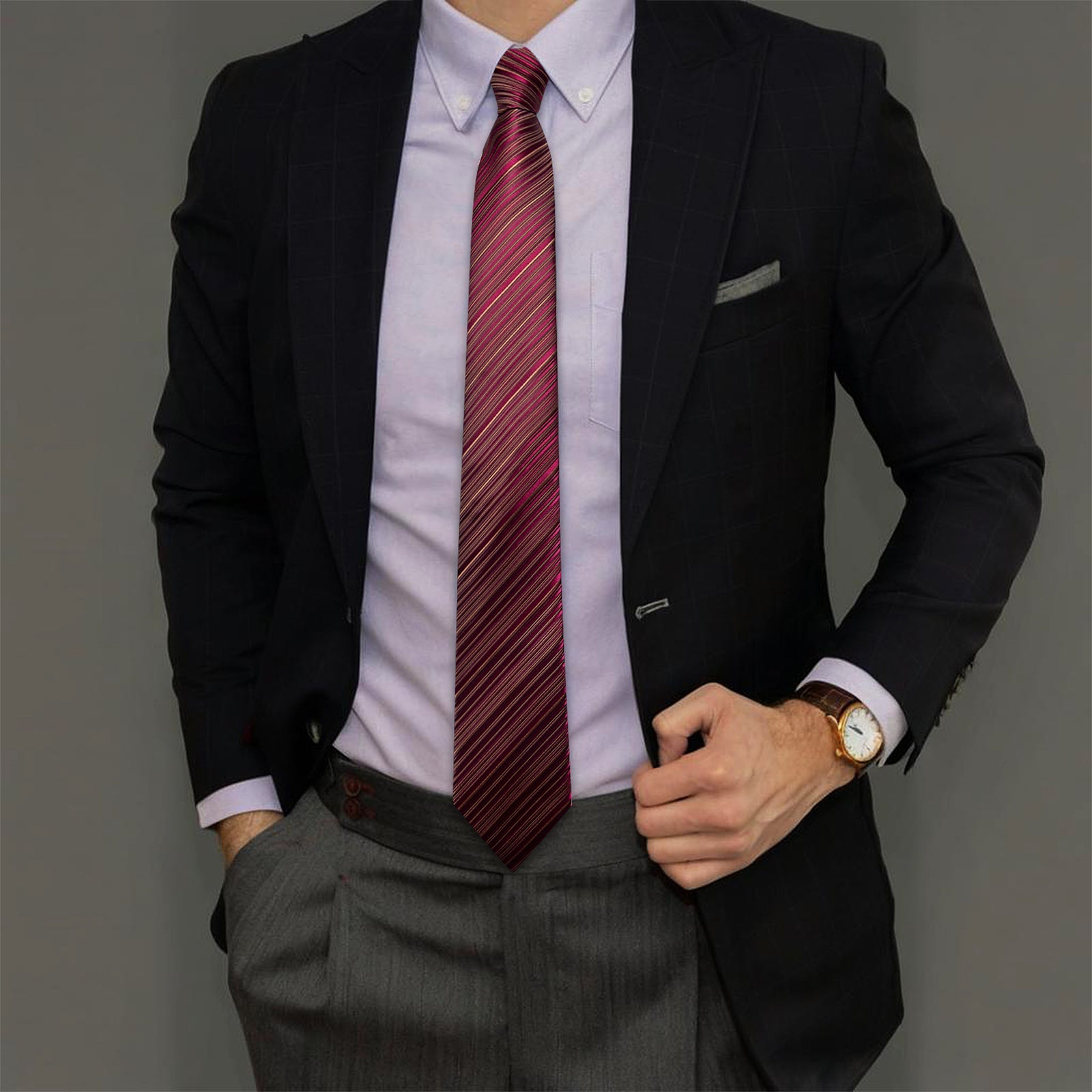 GentCrest Burgundy Striped Tie Hanky Cufflinks Set - Image 2