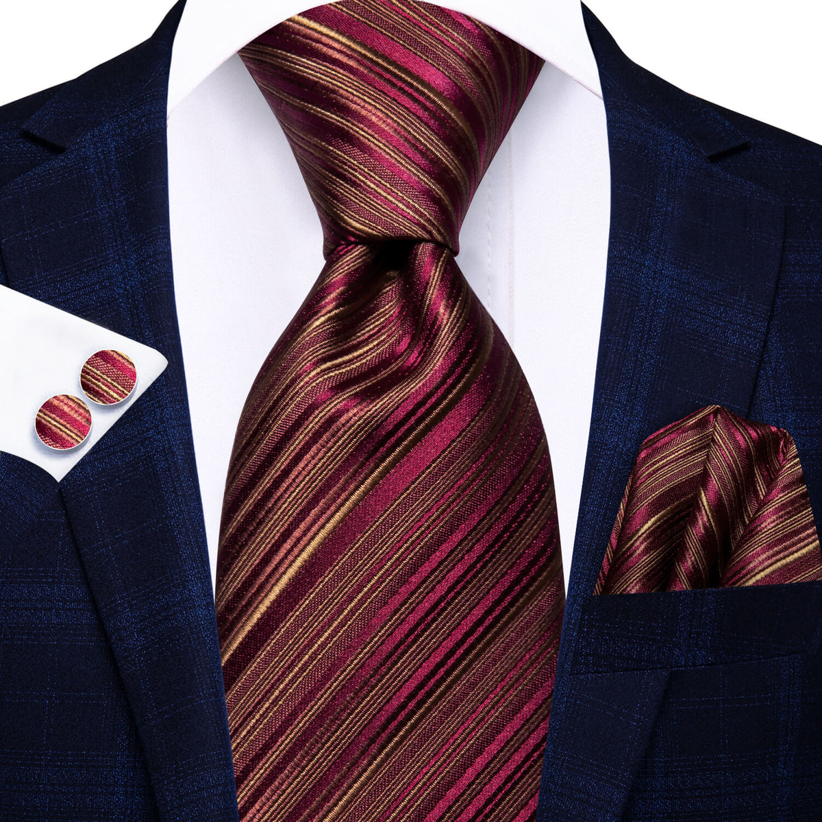 Burgundy and Gold Striped Silk Tie Set - GentCrest - View 4