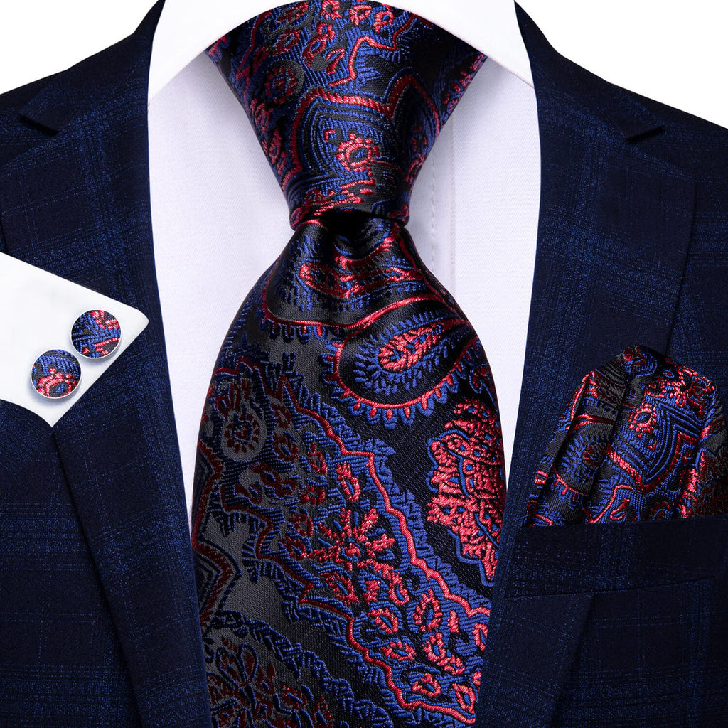 Red and Blue Floral Silk Tie Set - GentCrest