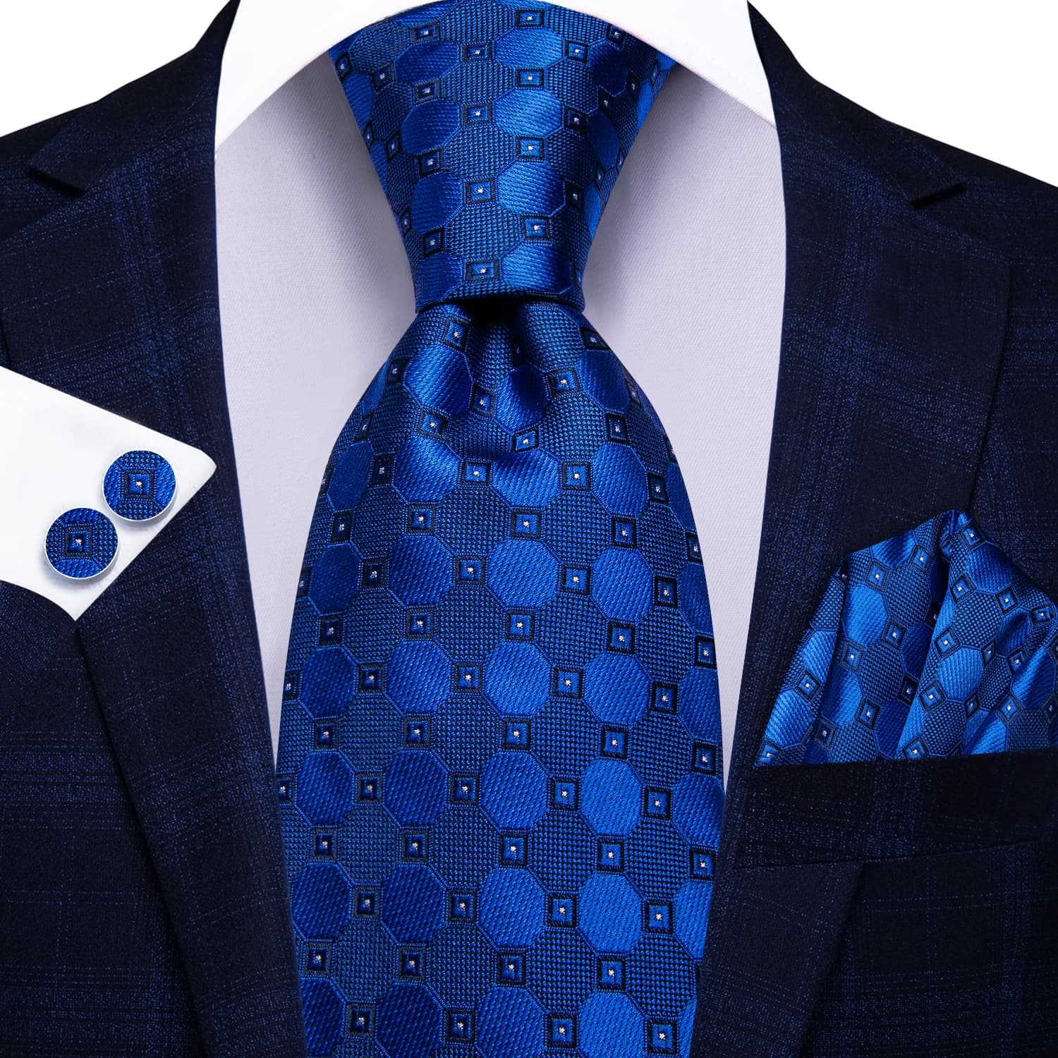 GentCrest Blue Geometric Tie Hanky Cufflinks Set - Image 2