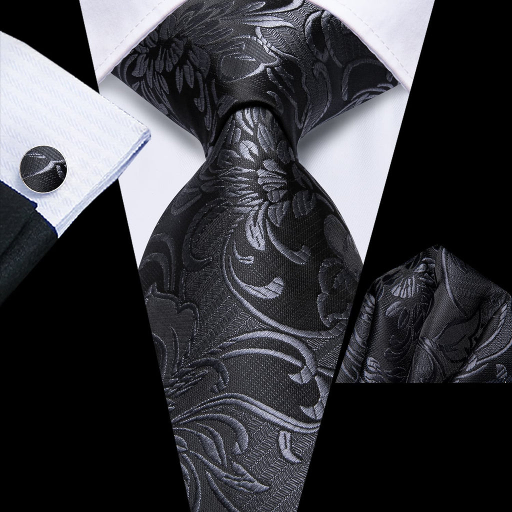 GentCrest Black Floral Tie Hanky Cufflinks Set - Image 1