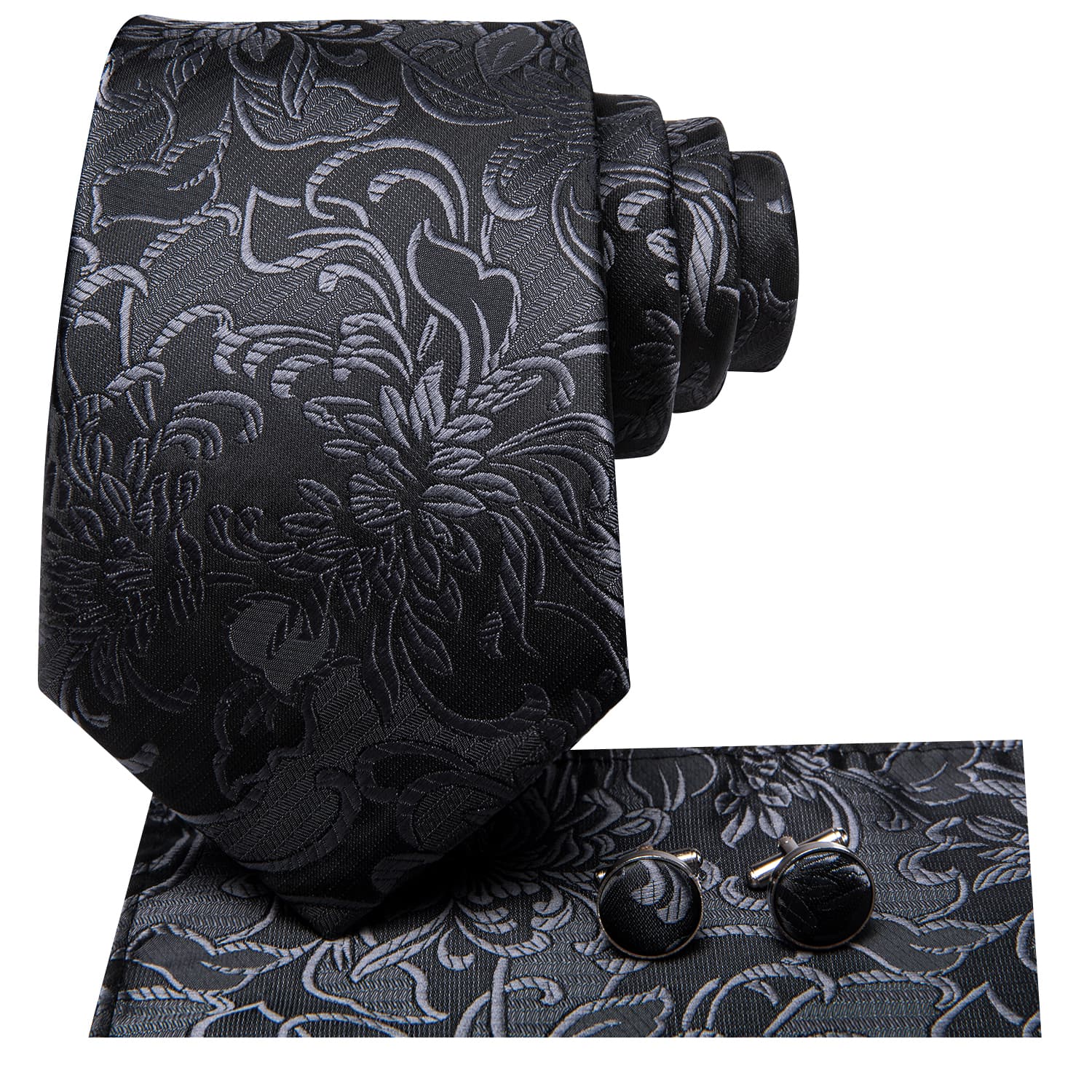 GentCrest Black Floral Tie Hanky Cufflinks Set - Image 3
