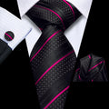 GentCrest Silk Black Striped Necktie Hot Pink Business Suit Tie Pocket Square Cufflinks Set