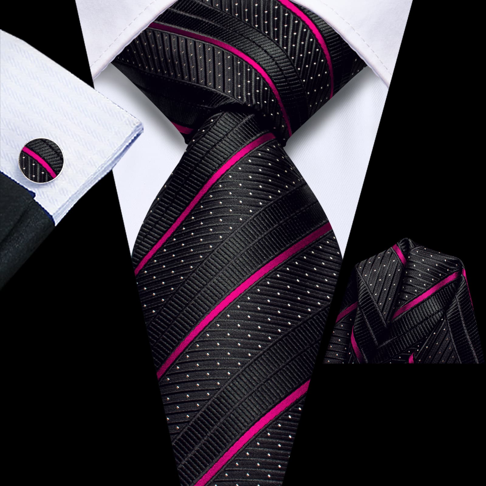 GentCrest Silk Black Striped Necktie Hot Pink Business Suit Tie Pocket Square Cufflinks Set