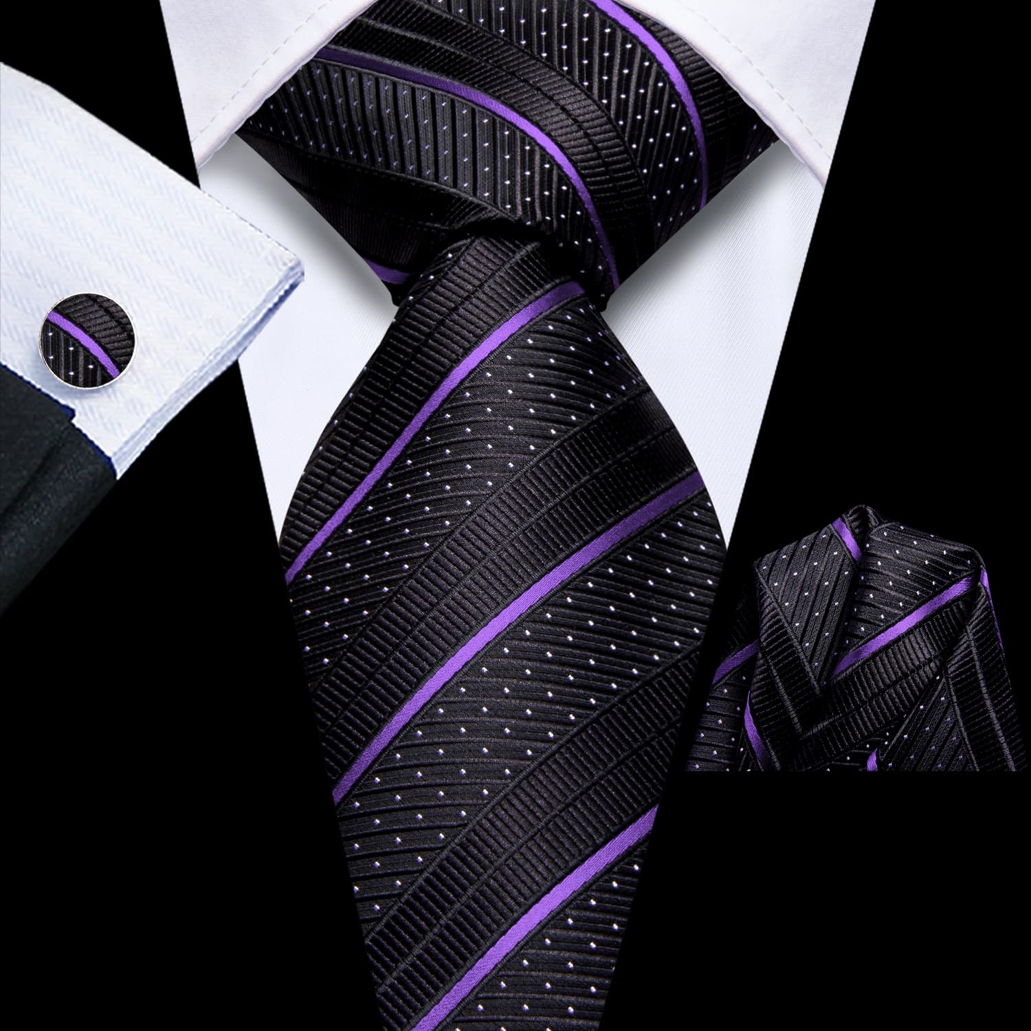 GentCrest Black Striped Tie Hanky Cufflinks Set - Image 1