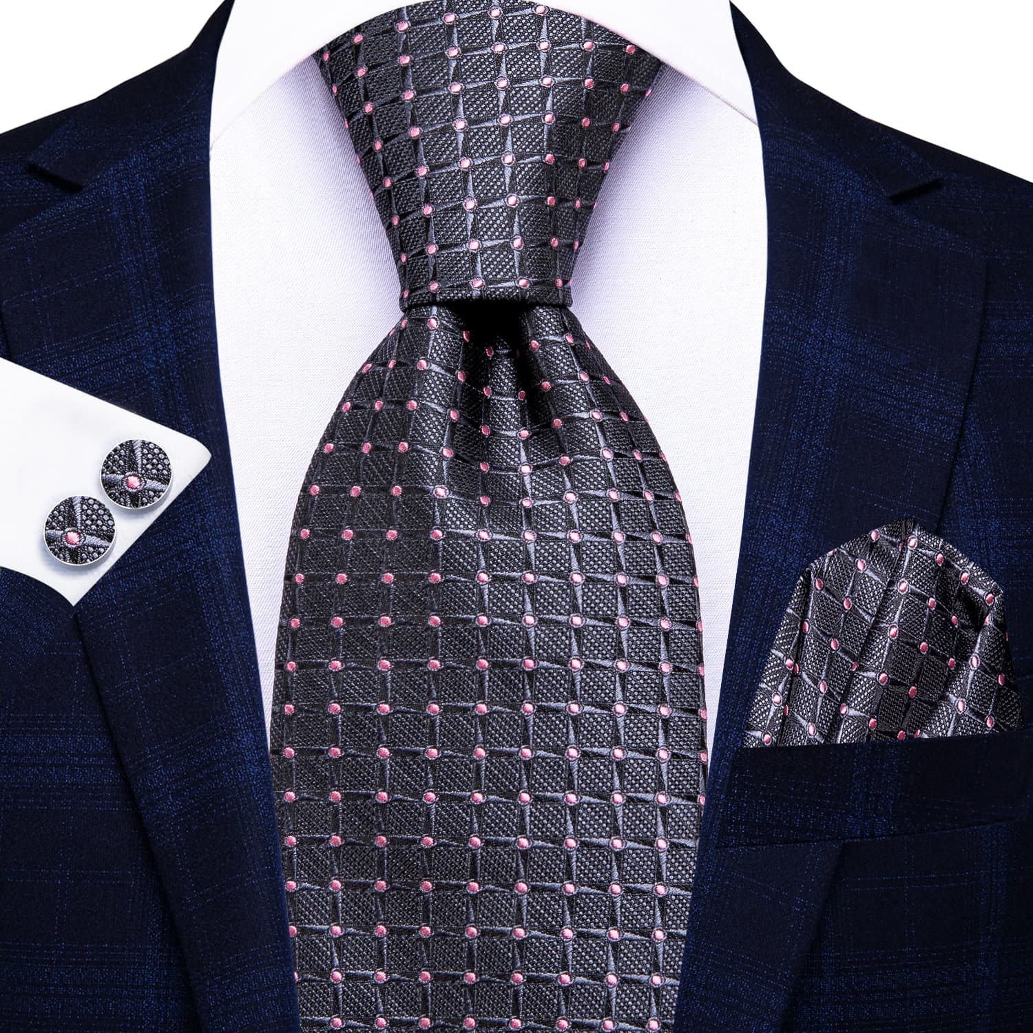 GentCrest Pink Plaid Tie Hanky Cufflinks Set - Image 2