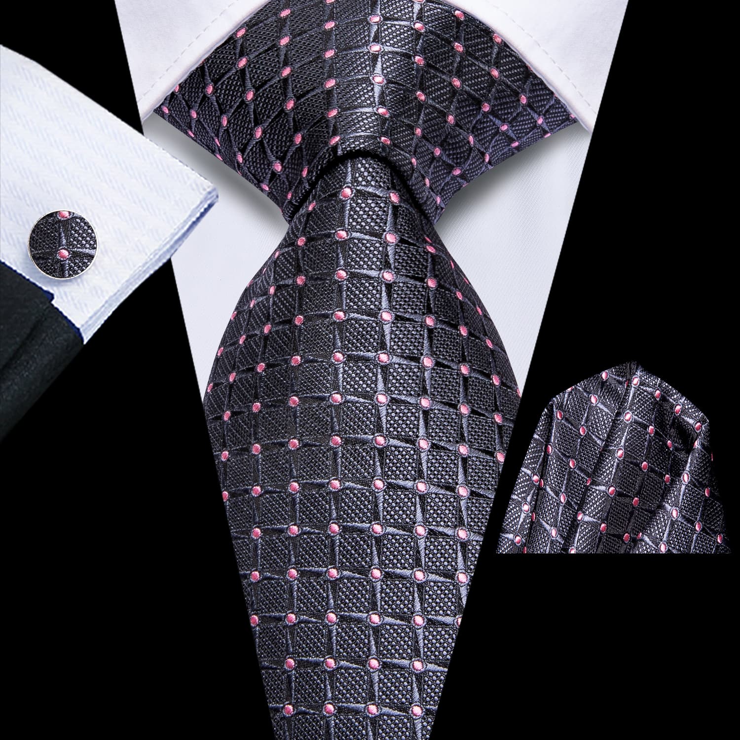 GentCrest Pink Plaid Tie Hanky Cufflinks Set - Image 1
