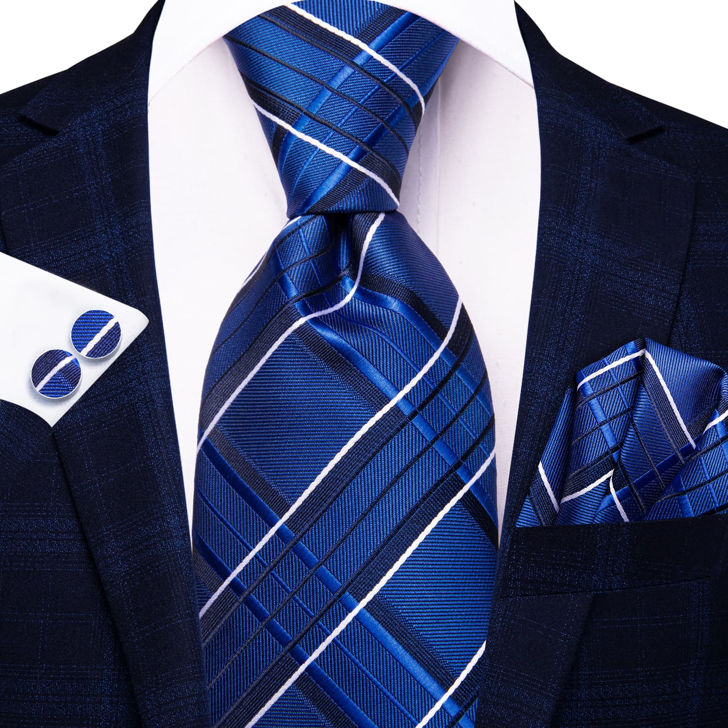 GentCrest Blue Plaid Tie Hanky Cufflinks Set - Image 2