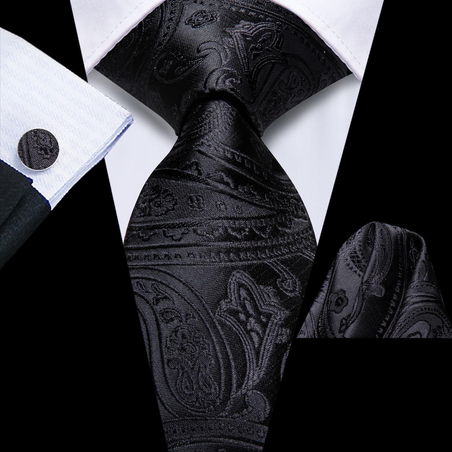 GentCrest Black Paisley Tie Hanky Cufflinks Set - Image 1