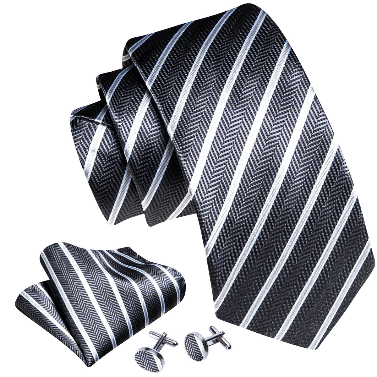 Gray White Striped Silk Tie Set - GentCrest - View 6