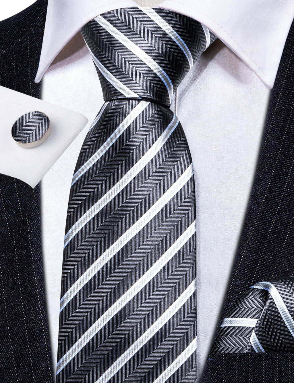 Gray White Striped Silk Tie Set - GentCrest - View 5