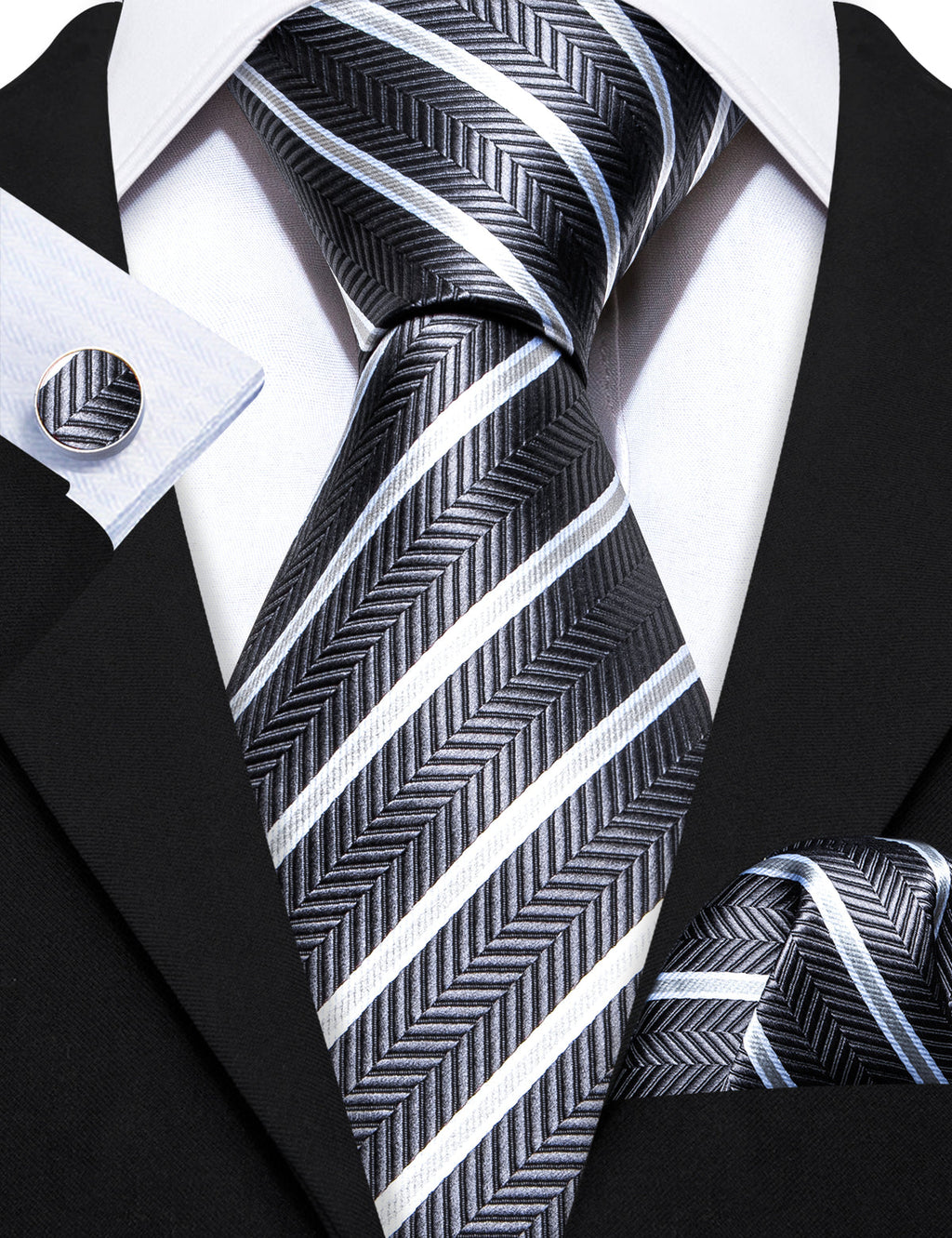 Gray White Striped Silk Tie Set - GentCrest - View 4