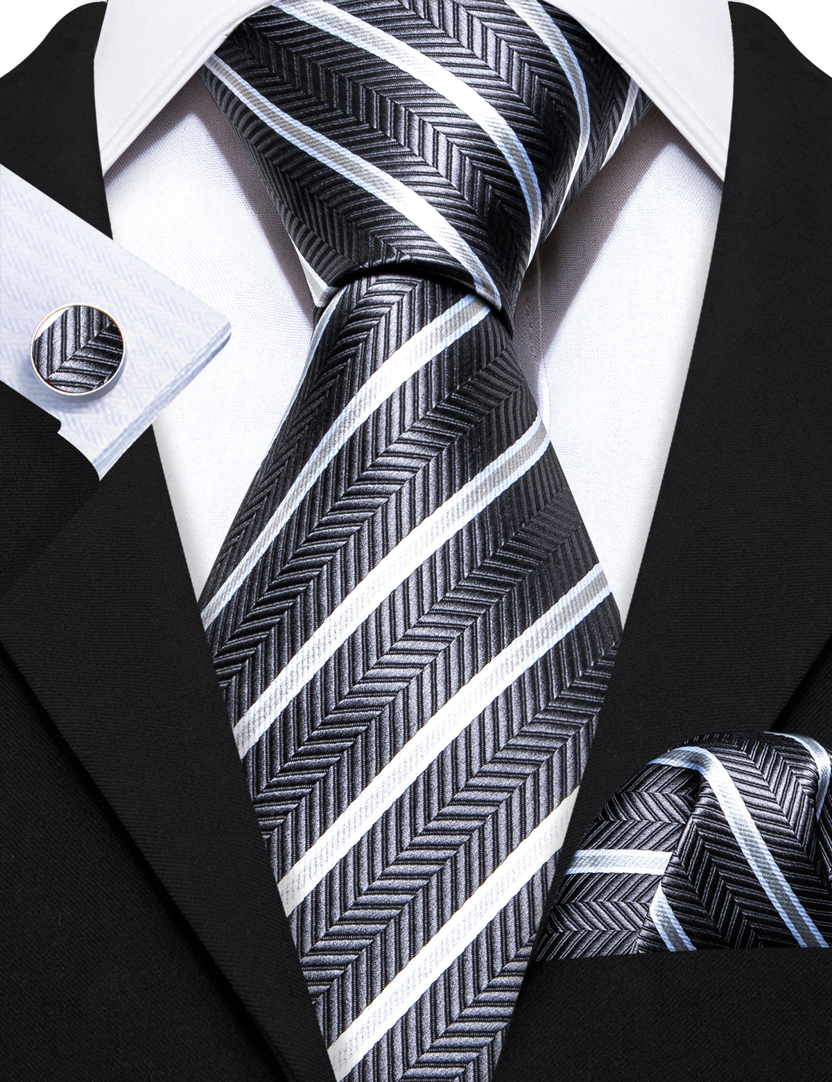 Gray White Striped Silk Tie Set - GentCrest - View 4