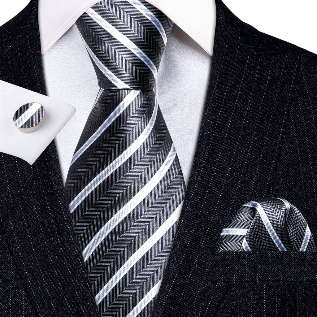 Gray White Striped Silk Tie Set - GentCrest - View 2