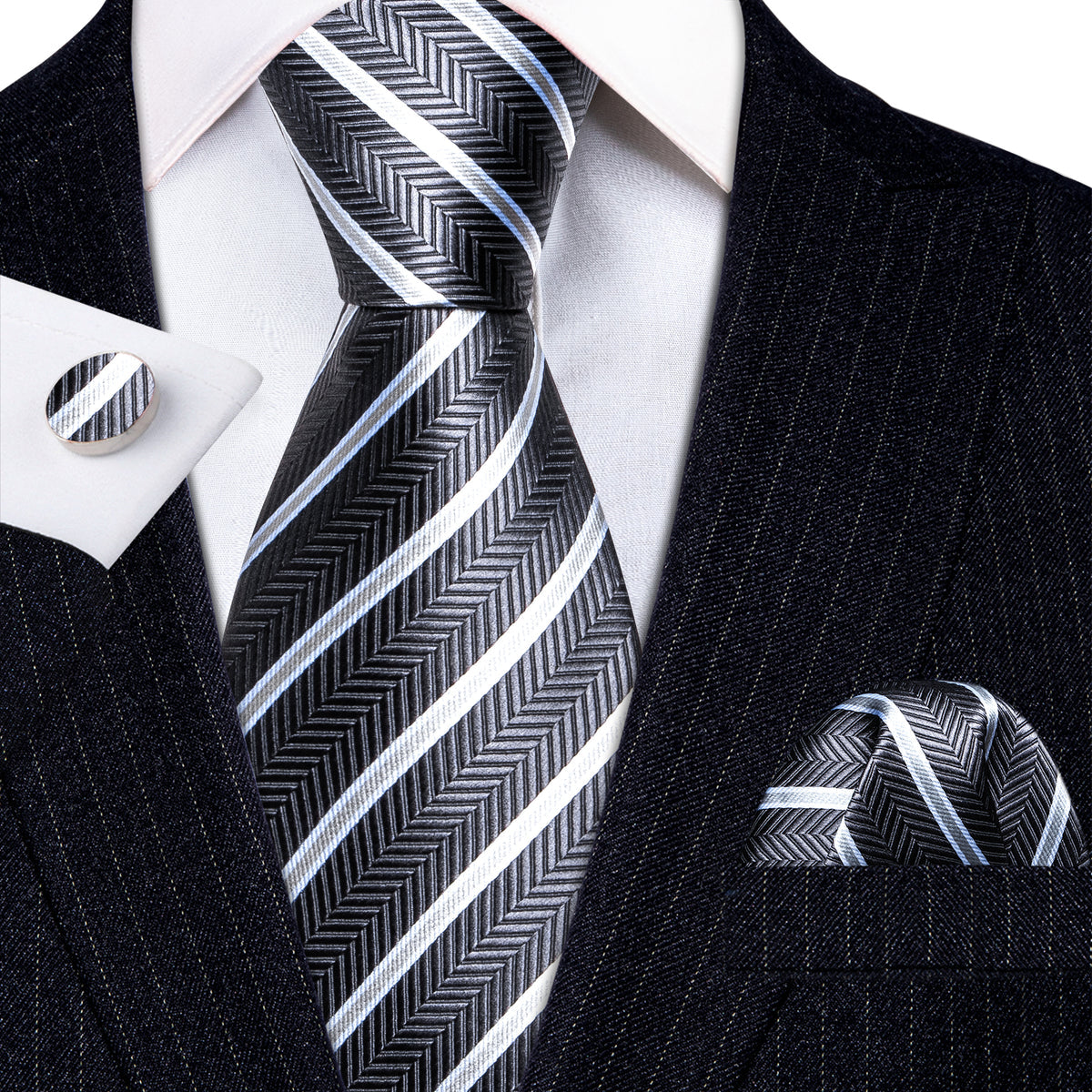 Gray White Striped Silk Tie Set - GentCrest - View 2