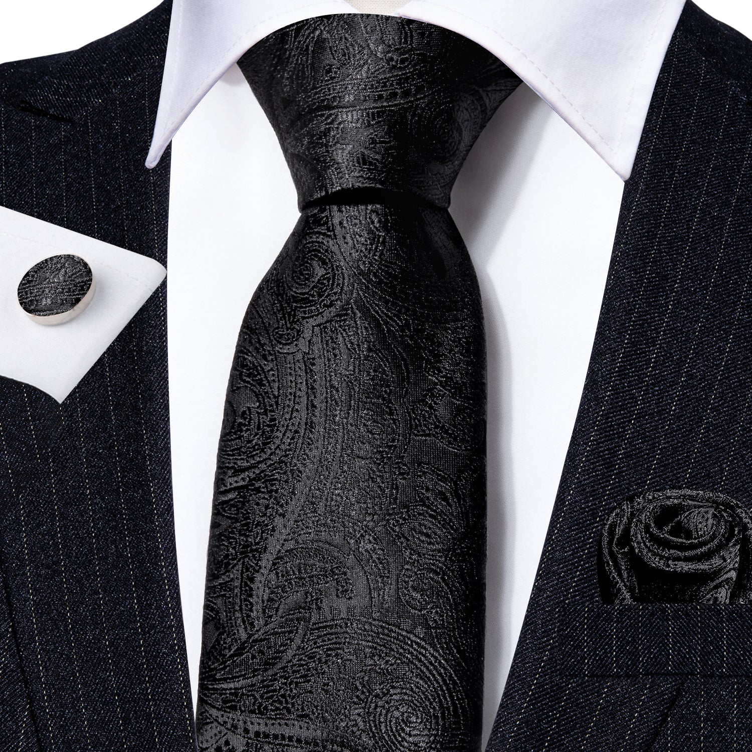 GentCrest Black Paisley Tie Hanky Cufflinks Set - Image 2