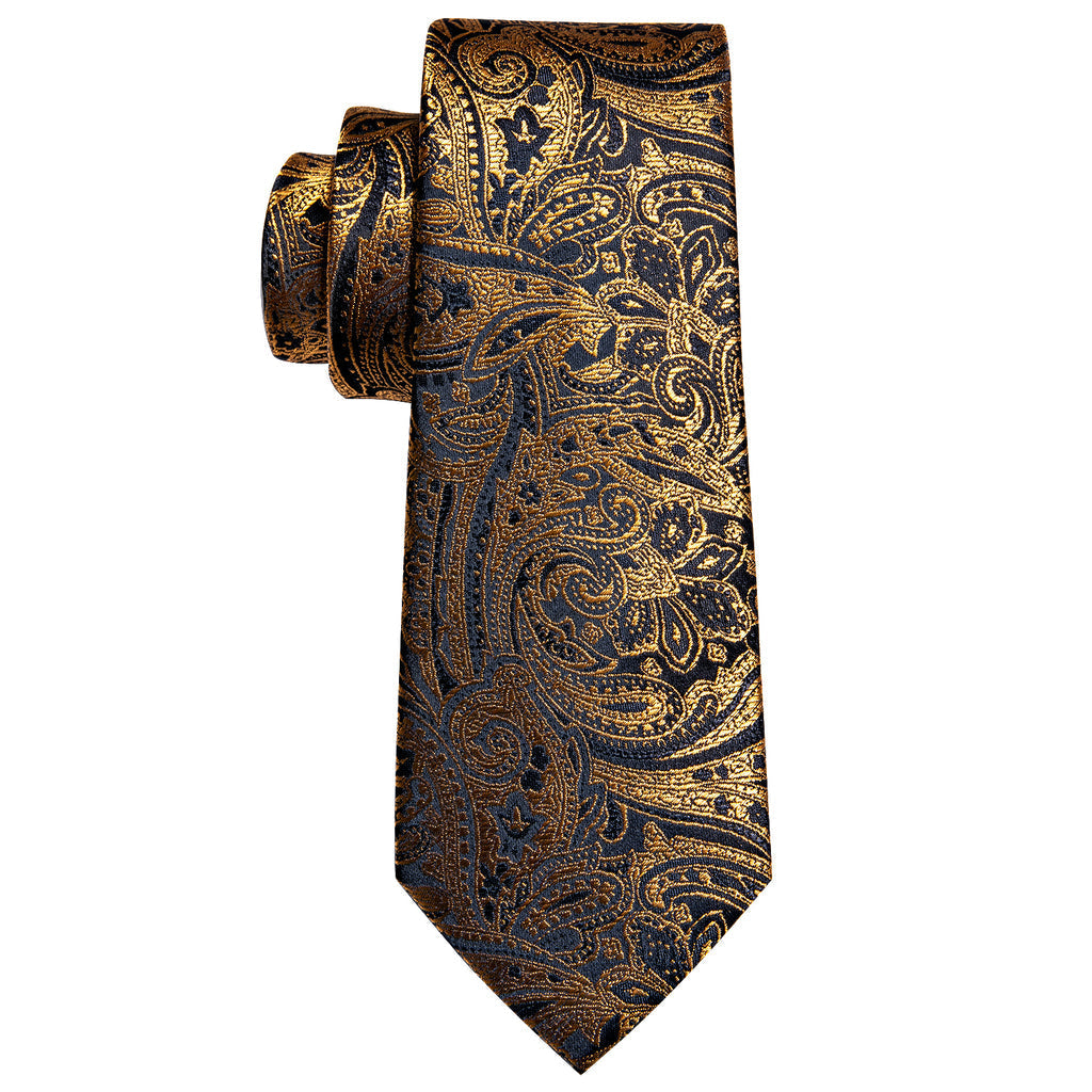 Regal Black & Gold Paisley Silk with Pocket Square and Cufflinks Silk Tie Set - GentCrest - View 6