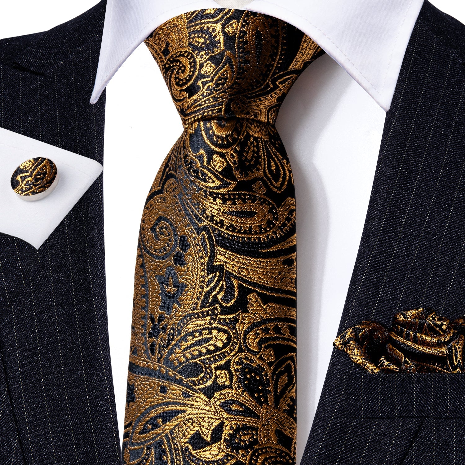 GentCrest Black Paisley Tie Hanky Cufflinks Set - Image 2