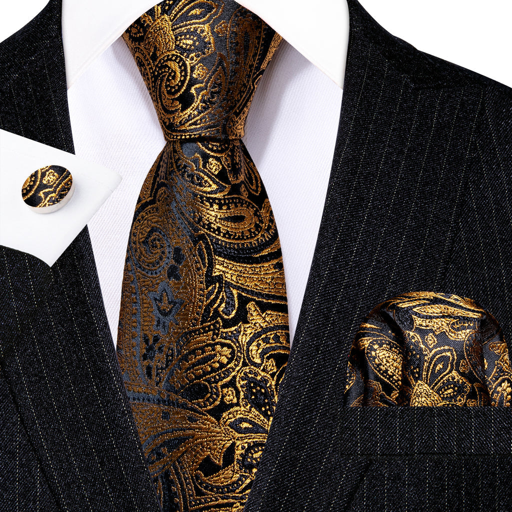 Regal Black & Gold Paisley Silk with Pocket Square and Cufflinks Silk Tie Set - GentCrest - View 3