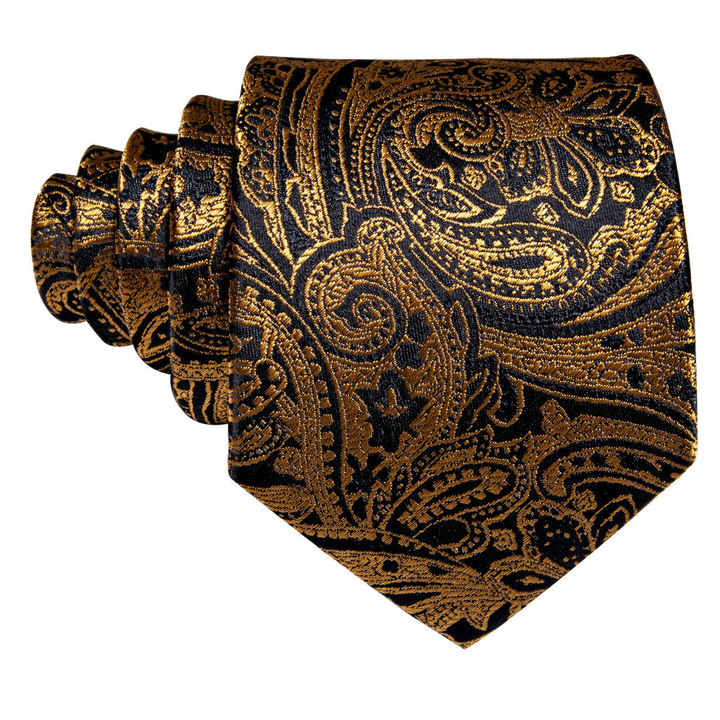 Regal Black & Gold Paisley Silk with Pocket Square and Cufflinks Silk Tie Set - GentCrest - View 4