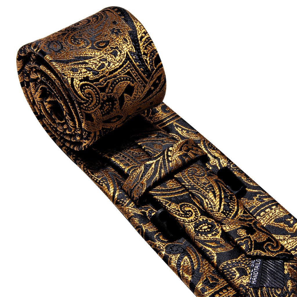 Regal Black & Gold Paisley Silk with Pocket Square and Cufflinks Silk Tie Set - GentCrest - View 5