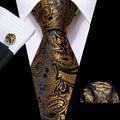 Regal Black & Gold Paisley Silk with Pocket Square and Cufflinks Silk Tie Set - GentCrest