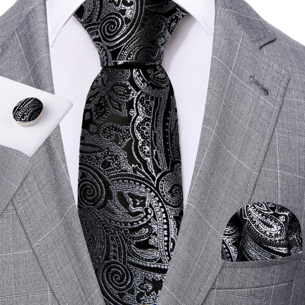 Black and Silver Paisley Silk Tie Set - GentCrest - View 2