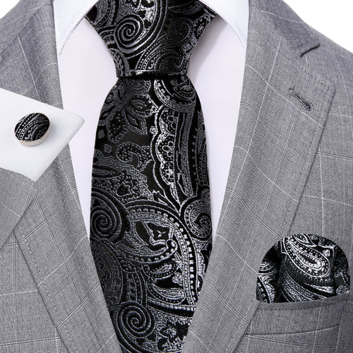 Black and Silver Paisley Silk Tie Set - GentCrest - View 2