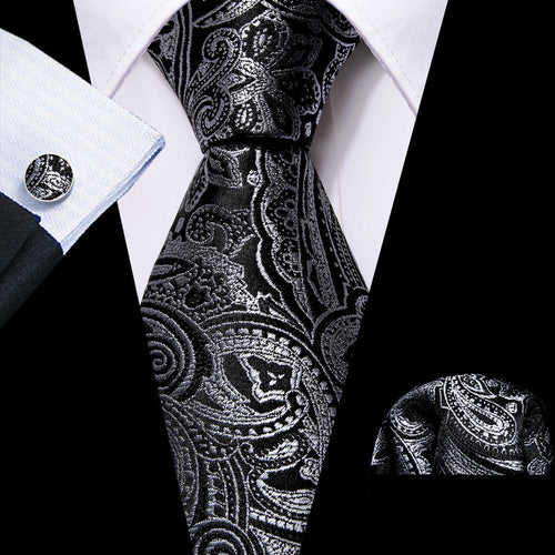Black and Silver Paisley Silk Tie Set - GentCrest