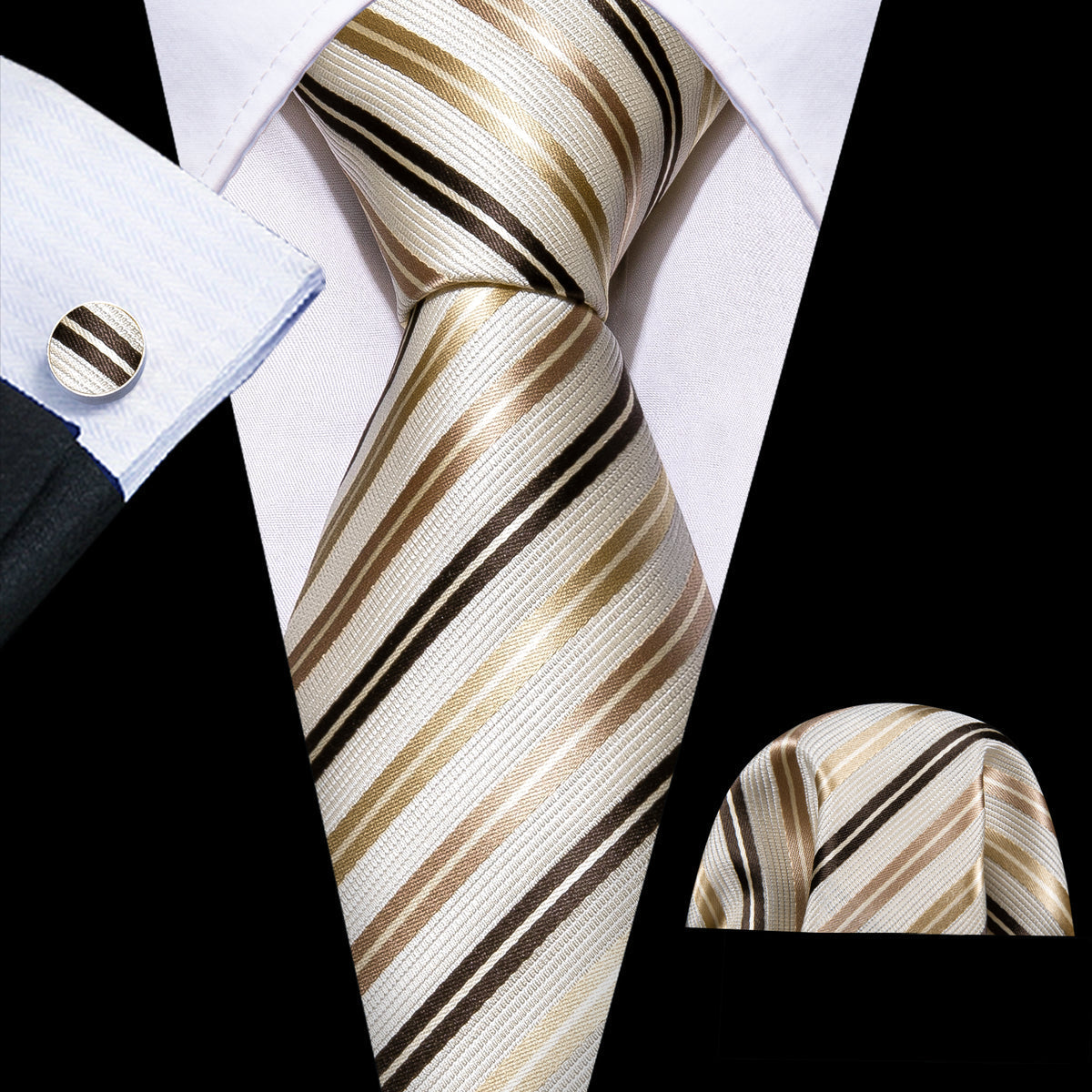 White, Gold and Champagne Striped Silk Tie Set - GentCrest