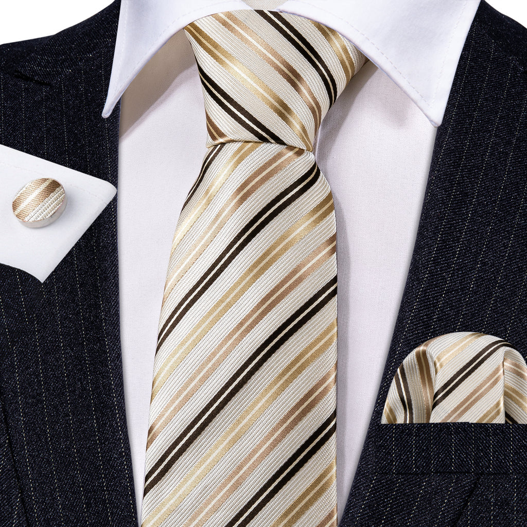White, Gold and Champagne Striped Silk Tie Set - GentCrest - View 2