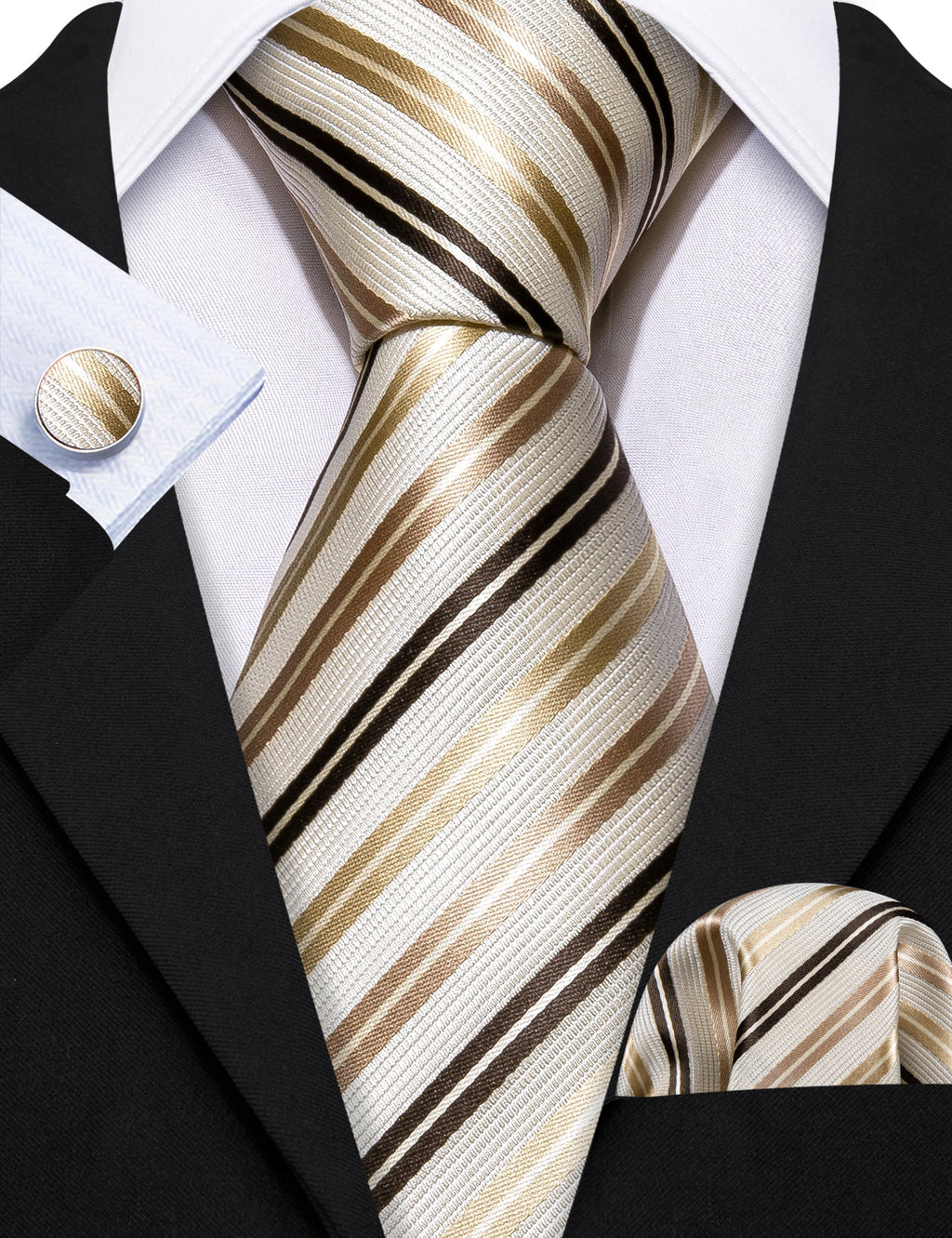 White, Gold and Champagne Striped Silk Tie Set - GentCrest - View 3