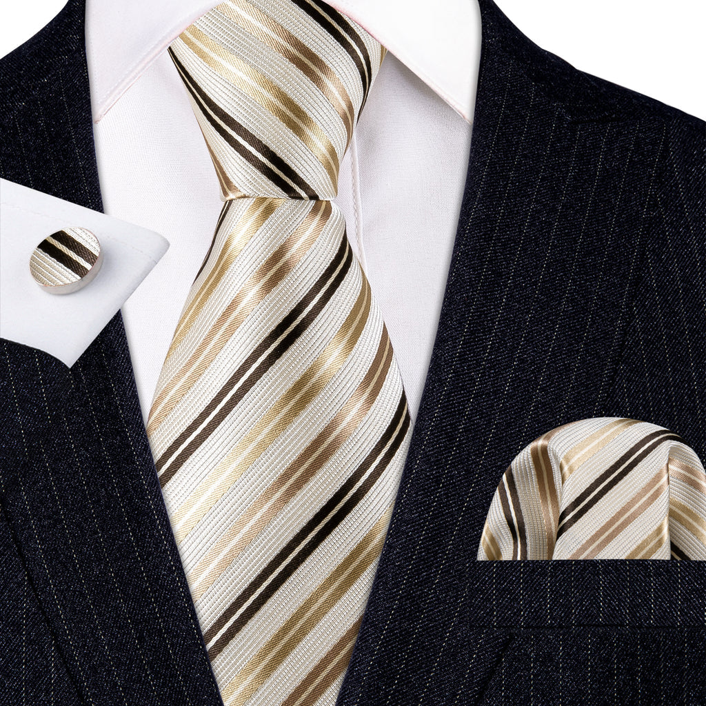 White, Gold and Champagne Striped Silk Tie Set - GentCrest - View 4