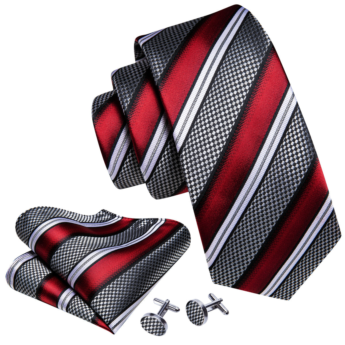Red, Gray & Black Striped Silk with Pocket Square & Cufflinks Silk Tie Set - GentCrest - View 2